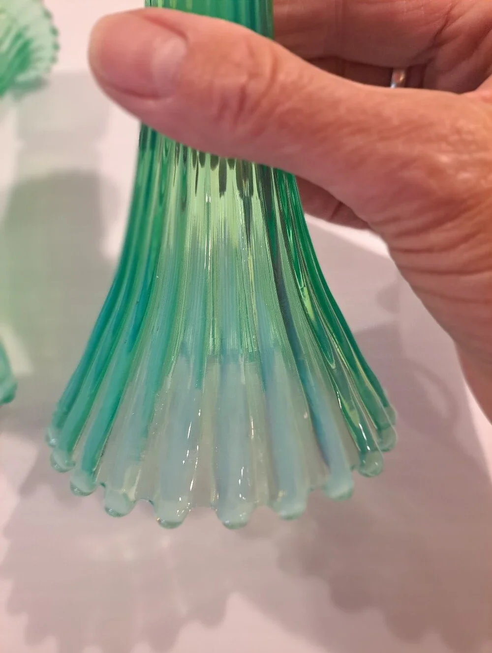 2 Vtg Fostoria Heirloom Light Greenish Opalescent Ribbed Candle Holder Vase Set
